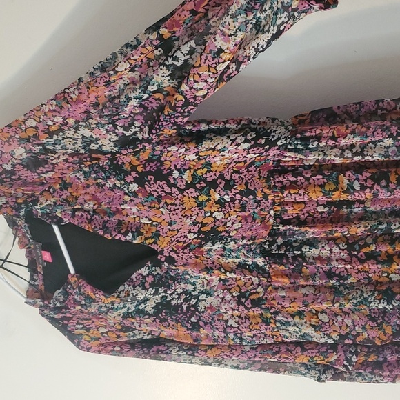 Vince Camuto Floral Babydoll Mini Dress Size Large Sheer Longsleeve Split V-Neck - Picture 3 of 13